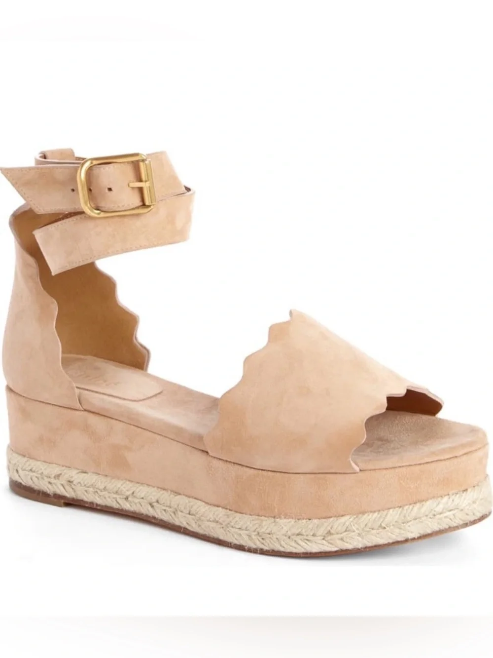 Chloe Beige Suede Scalloped Trim Lauren Ankle Wrap Flatform Espadrille Sandals